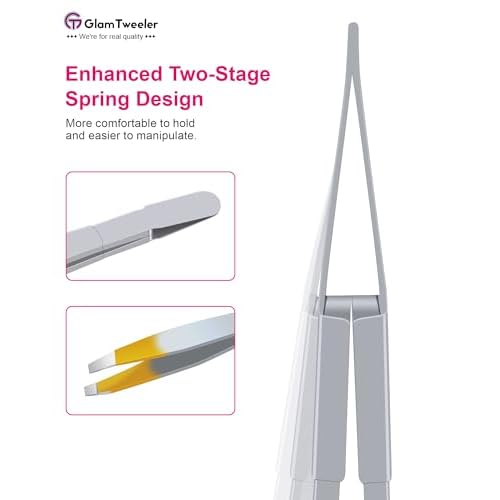 Exclusive G-01 Slant Tip Tweezers, GlamTweeler High Precison Expert Eyebrow and Facial Hair Removal Tweezer with Leather Storage & Carrying Case (Silver & Gold)