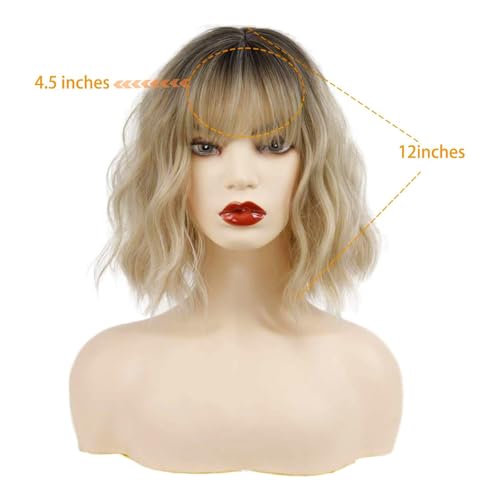 Short Blonde Wavy Bob Wig with Bangs - Heat Resistant
