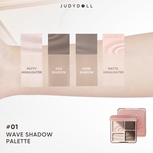 JUDYDOLL Highlight & Contour Palette, All-in-One Matte Highlighter Contour Compact, Natual Finish, Brightening Blendable Face Makeup for Cool Fair and Olive Skin (New Version 01 Wave Shadow Palette)