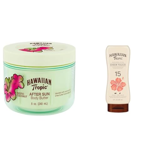 Hawaiian Tropic After Sun Body Butter with Coconut Oil 8oz & Sheer Touch Ultra Radiance Sunscreen SPF 15 8oz Bundle