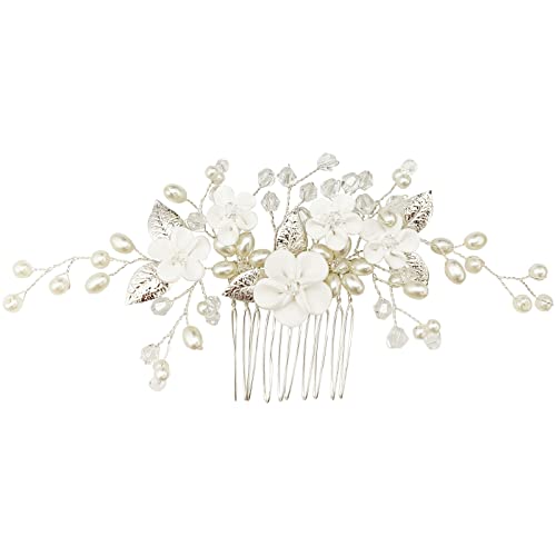 White Flower Bridal Hair Comb with Pearls & Rhinestones