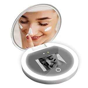 Sanpyl Travel Makeup Mirror with Camera for Sunscreen Test, 2X Magnification HD Screen 97mm 3.5inch, LED Light On Screen Buttons Control Brightness
