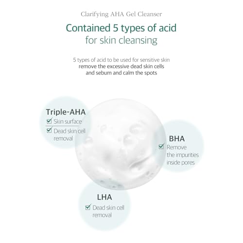 Clarifying AHA Gel Cleanser 3.38 fl. oz. (100ml) - Vegan Facial Cleansing Foam with Triple-AHA, BHA, LHA, Mild Exfoliating Cleanser, Tea Tree Leaf, Centella Asiatica, Madecassoside, Calming, Soothing