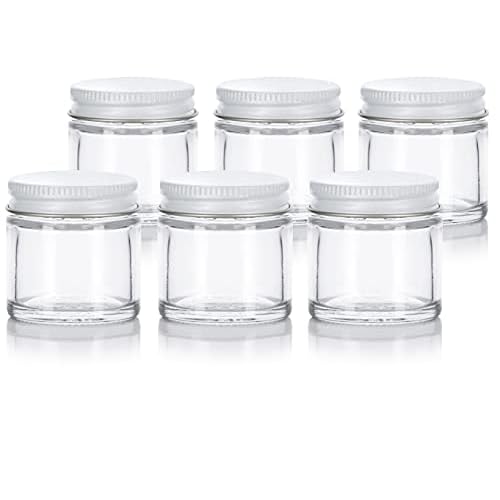 (6 pack) 1 oz / 30 ml Clear Thick Glass Straight Sided Jar with White Metal Airtight Lid