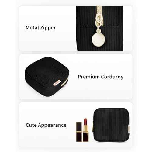 Wandering Nature Small Makeup Bag for Purse Mini Make up Pouch Cute Cosmetic Pouch for Women with Slip-in Pockets Corduroy, Black