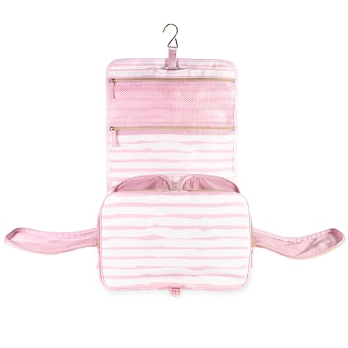 kate spade new york Hanging Toiletry Bag, 8.5" x 12.75" x 6" Travel Organizer with Gold Hook, 2 Large Bottle Compartments, Mesh & Clear Pockets, Nylon & Mesh (Goddess Stripe)