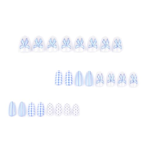 Blue Polka Dots Press On Nails Short Almond 24pc Kit
