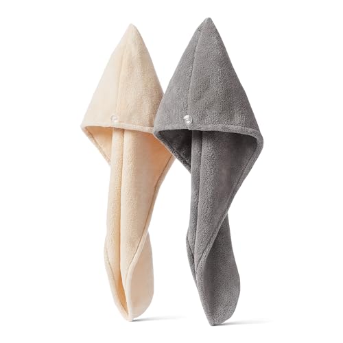 Quick Dry Microfiber Hair Towel Wraps - 2-Pack in Grey & Beige
