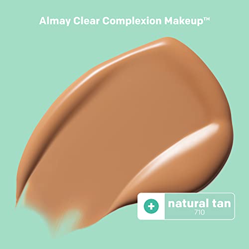 Almay Clear Complexion Acne Foundation Makeup with Salicylic Acid - Lightweight, Medium Coverage, Hypoallergenic, Fragrance-Free, for Sensitive Skin, 710 Natural Tan, 1 fl oz.