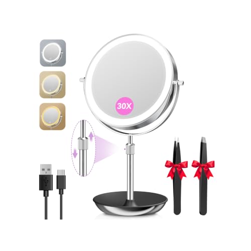 Auxmir 9-Inch Rechargeable Lighted Makeup Mirror with 1X/30X Magnification, Silver