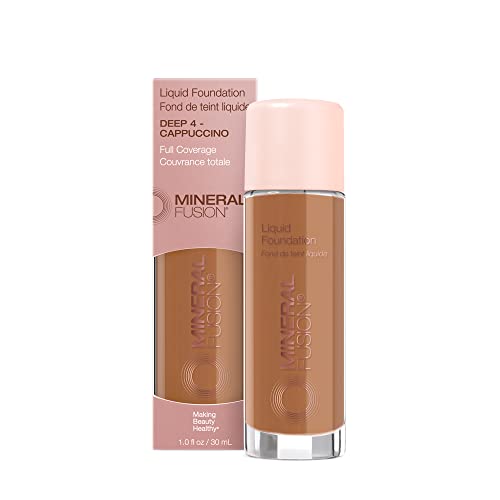 Mineral Fusion Full Coverage Foundation, Liquid Foundation - Deep 4- Deep Complexion w/Golden Undertones, Lightweight Matte Finish, Up to 12 Hr Hydration, Hypoallergenic & Vegan, 1 fl. oz