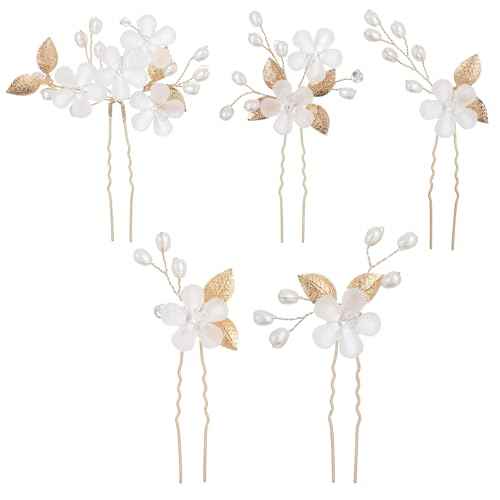 5Pcs Bridal Hair Pins, Peal Flower Hair Pins Gold Wedding Hair Piece Hair Accessories Hair Flowers for Women Girls