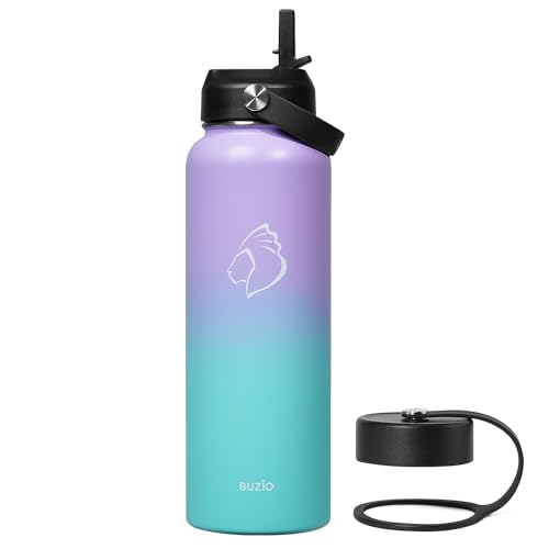 BUZIO 40oz Insulated Water Bottle, Stainless Steel Double Wall Water Flask (Cold for 48 Hrs) Leak Proof Sports Bottles Jug with Straw Lid Flex Cap Metal Canteen for Gym Travel Camping,Purple Green