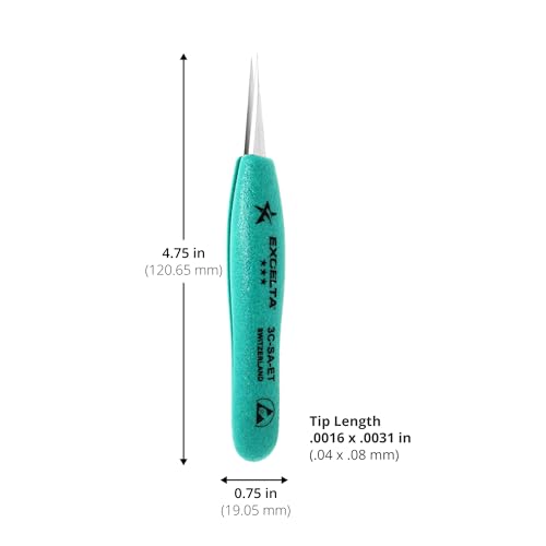Excelta 3C-SA-ET Straight Very Fine Precision Pointed Tweezers, Ergo-Tweeze TealShield Soft Cushioned Grips, Anti-Magnetic Neverust Stainless Steel, 4.75¡± Long, Swiss Made, Professional