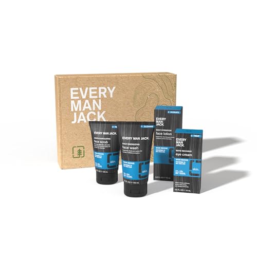 Every Man Jack Men's 4-Piece Fragrance Free Skin Care Set - Face Wash, Scrub, Lotion, Eye Cream