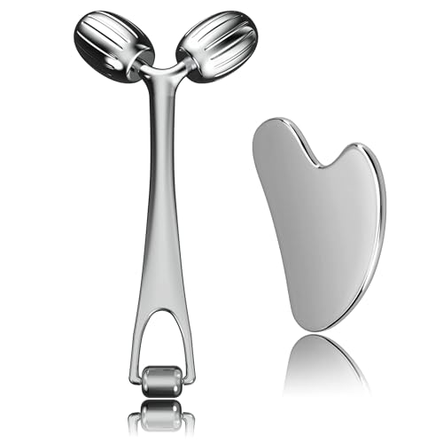 Yeamon Gua Sha Facial Tools and Face Roller Set, Facial Massage Tool for Women¡¯s Skincare Routine,Cooling Stainless Steel Face Sculpting Eyes Roller Guasha for Daily Use or Self-Care Gift for Women