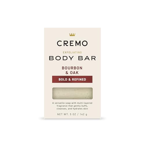 Cremo Exfoliating Body Bar for Men, Bourbon & Oak Scent, Multi-Layered Fragrance That Buffs, Cleanses and Hydrates Skin, 5oz