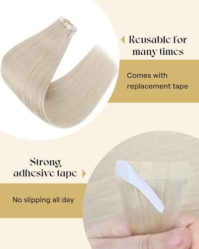 Ve Sunny Tape in Hair Extensions Real Human Hair Invisible Remy Human Hair Straight Tape Ins Double Sided White Blonde 24 inch 10Pcs 25G