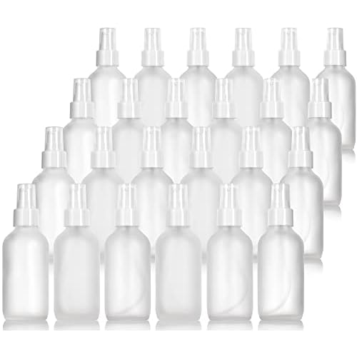 JUVITUS 4 oz / 120 ml Frosted Clear Glass Boston Round Bottle with White Treatment Pump (24 Pack) Refillable Empty Storage Containers