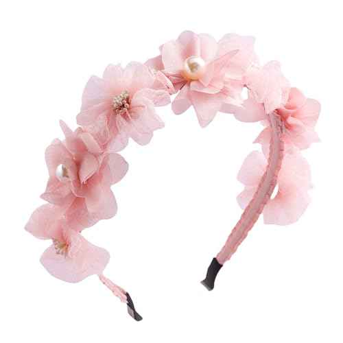 Flower Headband Spring Summer Hair Accessories for Women Girls, Pink Rose Flowers Hair Bands Pearls Elegant Decoration Headdress Party Wedding Supplies Non Slip Head Band 1 Pcs