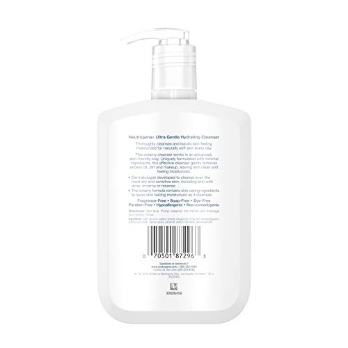 Neutrogena Ultra Gentle Hydrating Facial Cleanser, Non-Foaming Face Wash for Sensitive Skin, Gently Cleanses Face Without Over Drying, Oil-Free, Soap-Free, Fragrance-Free, 12 fl. oz