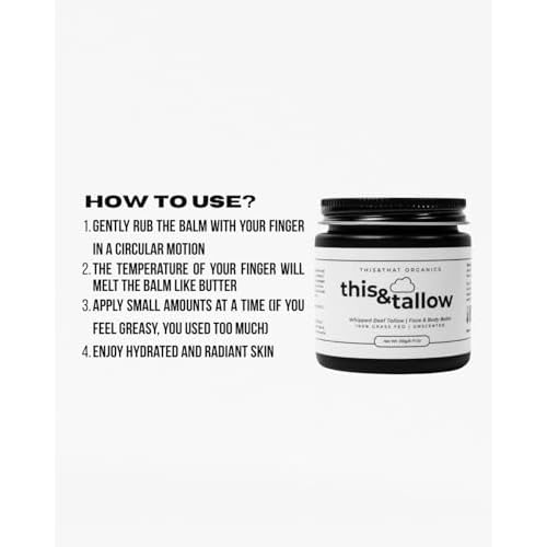 This and That Organics: Natural Handmade Whipped Beef Tallow Face and Body Balm, 100% Grass Fed, Organic Body Butter with infused Cold-pressed Olive Oil, for Eczema, Rosacea, Baby - (4oz, Unscented)