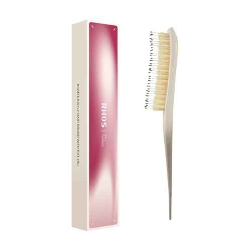 RHOS Boar and Nylon Bristle Hair Brush, Teasing Slick Back Brush with Rat Tail Pick for Hair Styling, Sectioning (1 Pack-Beige Gradient)