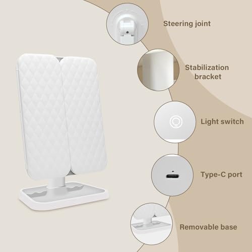 Jesmaikor White 3-Panel Lighted Makeup Mirror with 1x/2x/3x Magnification, 180° Rotating, Rechargeable