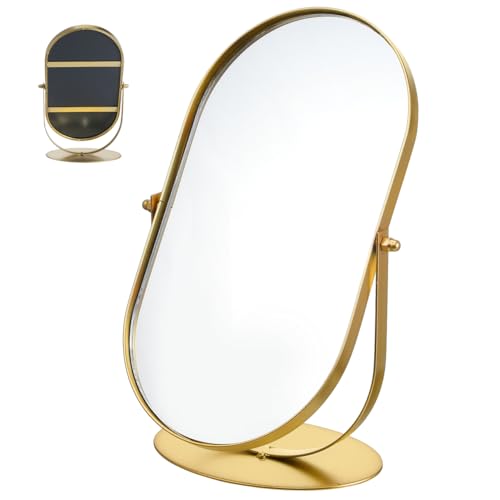 Kichvoe Vintage Gold Makeup Mirror with Metal Frame Oval Desk Vanity Mirror with Stand Adjustable Rotation 11.2 X 5.9 X 3.9 Inches