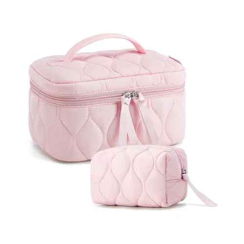 BAGSMART Travel Makeup Bag, 2-Piece Puffy Quilted Cute Make Up Bag Cosmetic Bags for Women, Large Wide-Open Toiletry Pouch Gifts for Toiletries Accessories Travelling Essentials, Pink