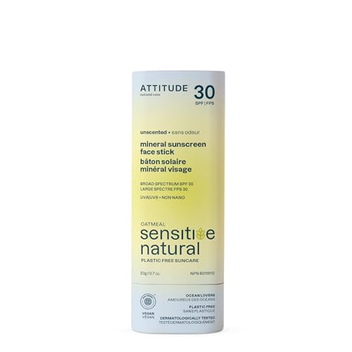 ATTITUDE Mineral Sunscreen Face Stick for Sensitive Skin, SPF 30, EWG Verified, Plastic-Free, Broad Spectrum UVA/UVB Protection with Zinc Oxide, Dermatologically Tested, Vegan, Unscented, 0.7 Ounce