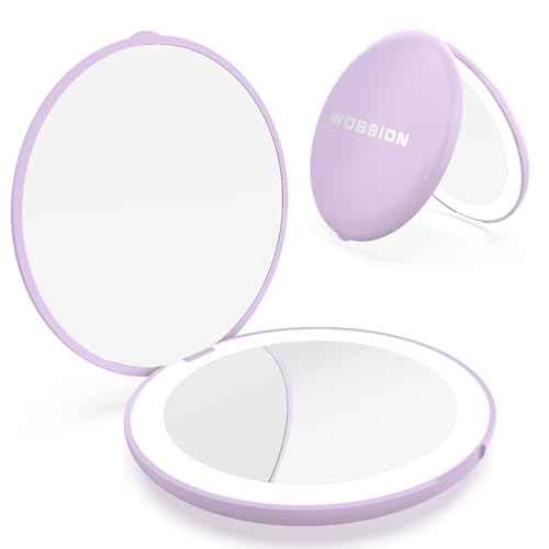 WOBSION Travel Compact Mirror,Portable 1x/10x LED Makeup Mirror with Magnification,Handheld 2-Sided Pocket Mirror, 3.5in Small Mirror for Purse,Handbag,Gift,Purple