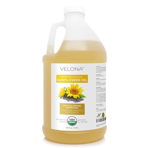 velona USDA Certified Organic Sunflower Oil - 1 Gallon / 128 Fl Oz | 100% Pure and Natural Carrier Oil | High Oleic, Refined| Cooking, Skin, Hair, Body & Face Moisturizing