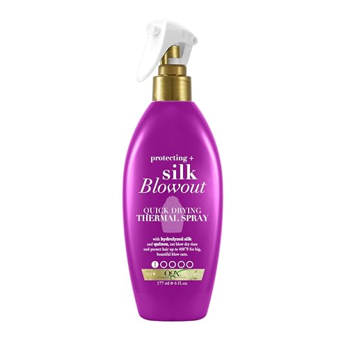 OGX Protecting + Silk Blowout Quick Drying Thermal Protection Spray, Heat Protectant Spray Shields Hair up to 450¡ÆF For Soft, Shiny Hair and Big, Beautiful Blowouts, Light Hold, 6 fl. oz