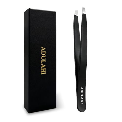Adulahi Professional Slant Tweezers for Eyebrows & Facial Hair - Carbon Stainless Steel with Case