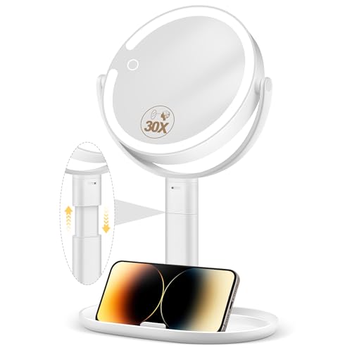 MOMOKUBA Makeup Mirror 30X Magnifying, LED Lighted, Height Adjustable