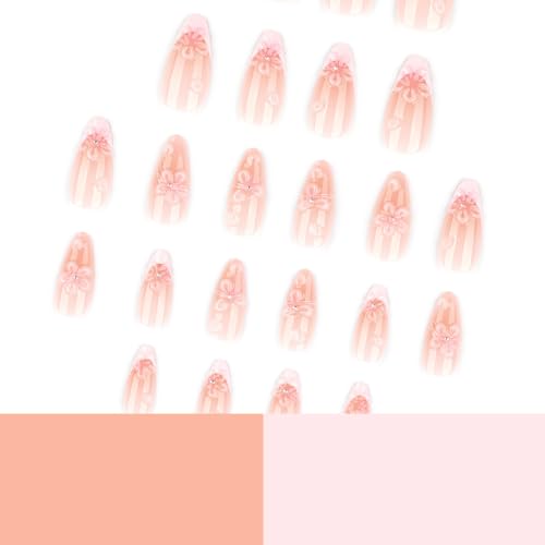 UZJXQ Style-19 Medium Almond Pink Press-On Nails with 3D Flower Design, Glossy Fake Nails for Women Menicure, 24Pcs