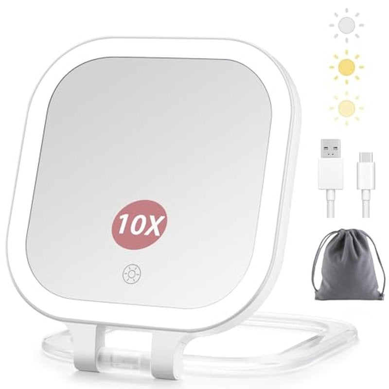 DESCHEN 10X Magnifying Travel Makeup Mirror with Rechargeable LED