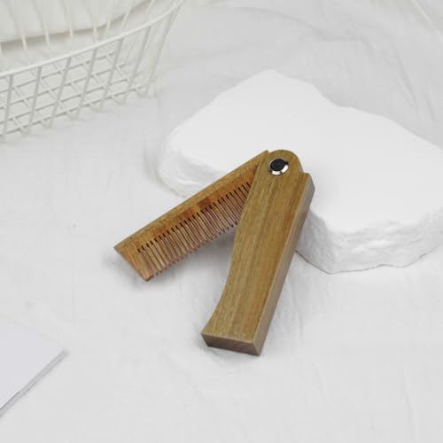 Folding Green Sandalwood Beard Comb for Men, Natural Wood Comb for Grooming Beards, Mustaches, and Hair, Compact and Travel-Friendly