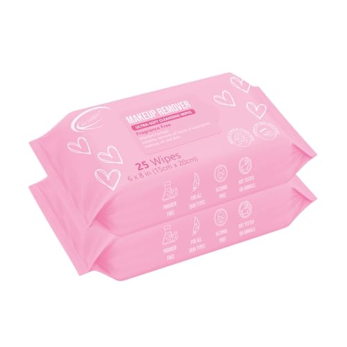 Air Jungles Makeup Remover Wipes 25 Count (Pack of 2), Alcohol-Free & Fragrance-Free, Extra Large Facial Towelettes for Face & Eyes, Removes Waterproof Makeup, Infused with Vitamin E