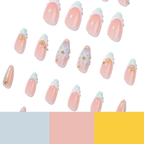 Medium Almond Press On Nails - Ocean Blue Starfish 24Pcs
