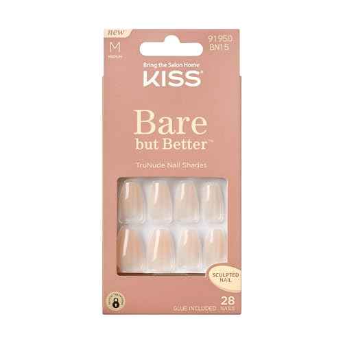 KISS Bare but Better, Press On Nails, Nail glue included, 'Embrace It', Light Nude, Medium Size, Coffin Shape, Includes 28 Nails, 2G Glue, 1 Manicure Stick, 1 Mini File