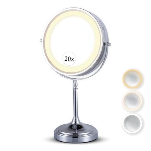Ultra Zoom 20X Magnifying Lighted Table Mirror for Makeup - 20X & 1X Dual Sided LED Make-up Mirror with 3 Light Modes, Rechargeable Battery with USB Cable - 8" Wide & 15" Tall (Chrome)