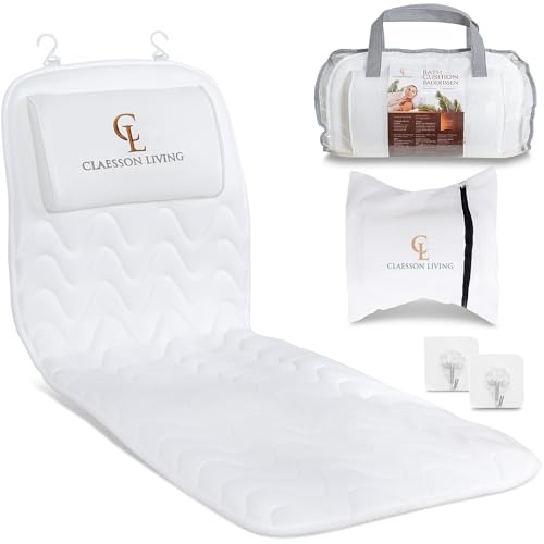 Full Body Bath Pillow (17'' x 49'') - Bathtub Cushion with Headrest Supports Neck, Back and Legs - Free Hanging Hooks for Fast Drying Over Tub - Includes Washing and Travel Bags - White