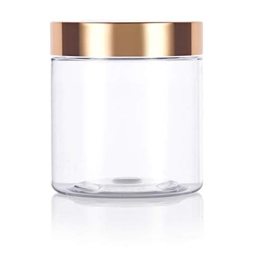 (6 Pack) 8 oz Clear PET Plastic Jar with Luxury Gold Metal Overshell Lid Refillable Storage Airtight