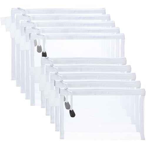 OZY 10 Pieces Nylon Zipper Mesh Pouch,Cosmetic Bags,Zipper Bags for Organizing Storage,Puzzle, Board Games,Multipurpose Travel Bags and Office Supplies (White)