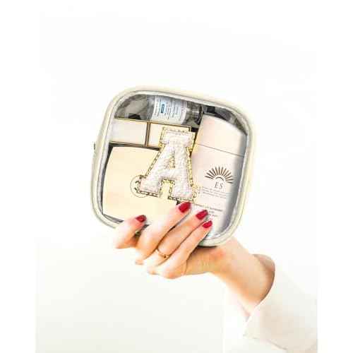 KOTORA Initial Make Up Bag Travel Toiletry Bag, Clear Makeup Bag Preppy Cosmetic Bags Organizer Easter Basket Essentials Pink Gifts for Women Girlfriend Teacher Mom Brithday Small Makeup Bag Beige A