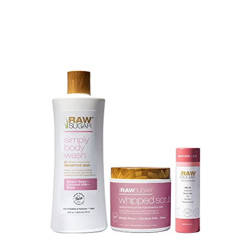 Raw Sugar Beach Rose + Coconut Milk + Shea Body Love Bundle - Sensitive Skin Body Wash, Body Scrub & Deodorant, Clean Ingredients, Formulated without Sulfates and Parabens