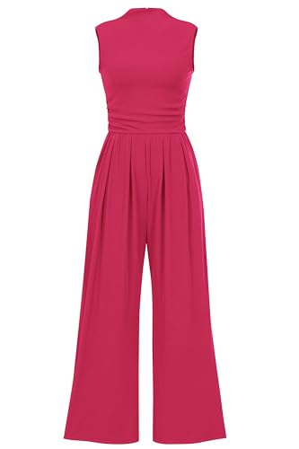 PRETTYGARDEN Womens Summer Jumpsuits Dressy Casual One Piece Outfits Sleeveless Mock Neck Wide Leg Pants Rompers with Pockets (Rose Red,Small)