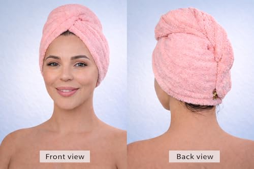 KELVO Microfiber Hair Towel Wrap Pack of 3 - Pink Solid, Stripes & Checkered - Fast Dry, Anti-Frizz, Long & Thick Hair Turban